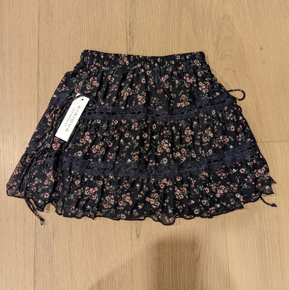 Floral Navy Skirt with Bow Details